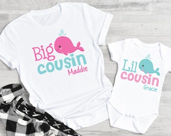 Big Cousin Little Cousin Whale Shirts, with names, pregnancy announcement tshirts