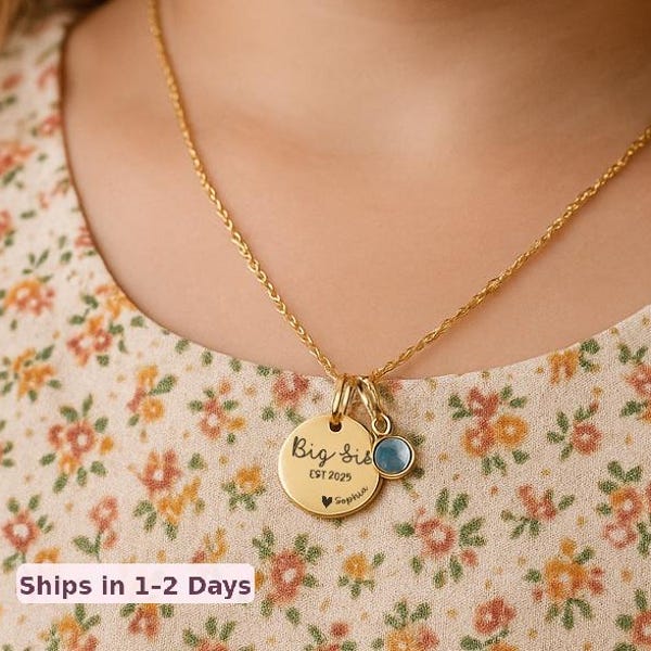 Personalized Big Sister Necklace: Custom Name, Birthstone Charm, Gold or Silver