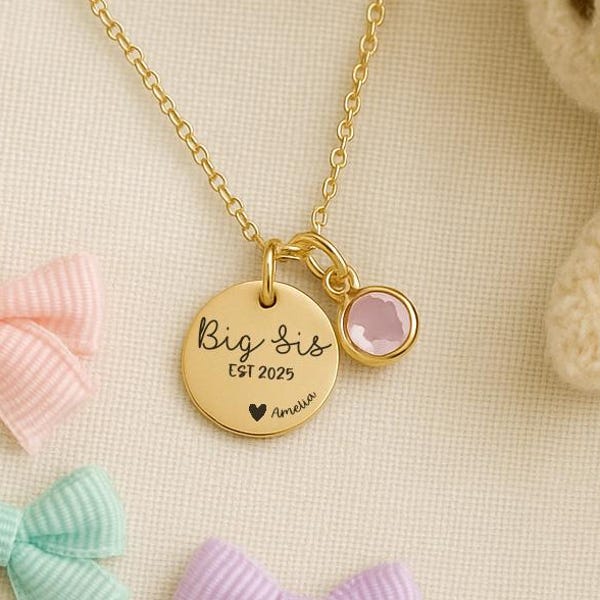 Personalized Big Sister Necklace: Custom Name & Birthstone Charm