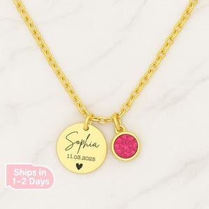 Gift for New Mom with Baby Name & Birthstone • Personalized Necklace • Custom Gold Disc with Name, Date • Push Gift Jewelry