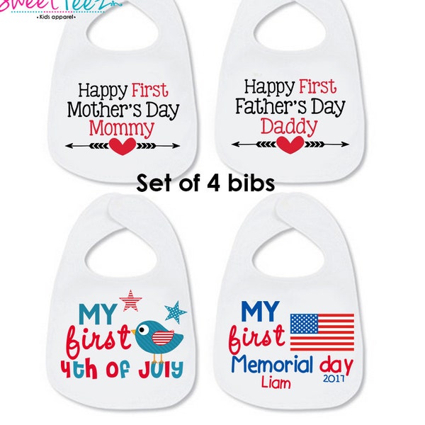 My First Bib Set of 4 SET Personalized with Name Mother's Day Father's Day 4th of July Memorial Day