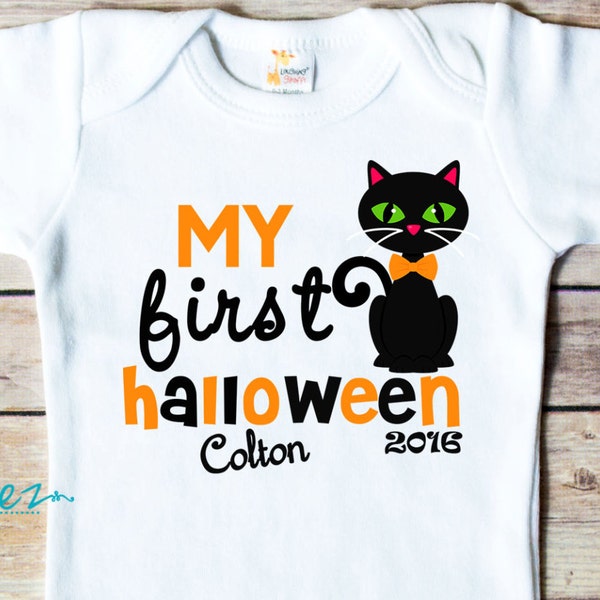 My First Halloween Shirt Cat Baby Bodysuit Personalized with Name and Year Boy Girl Black Cat