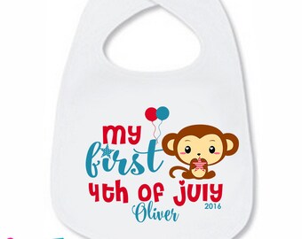 My First 4th of July Bib Monkey Baby Bib Cute Patriotic Boy Girl