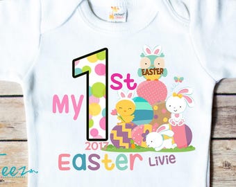 My First Easter Baby Bodysuit Personalized Girl Shirt Bunny Boy Girl Chick Personalized Name Year Shirt