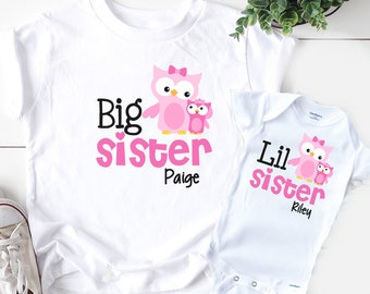 Big sister little sister shirts, with names, pink owl tshirts, gift for baby shower,  for girl