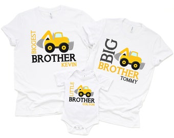 3 sibling shirts set, bigger brother big brother little brother shirts, construction truck shirts, with names