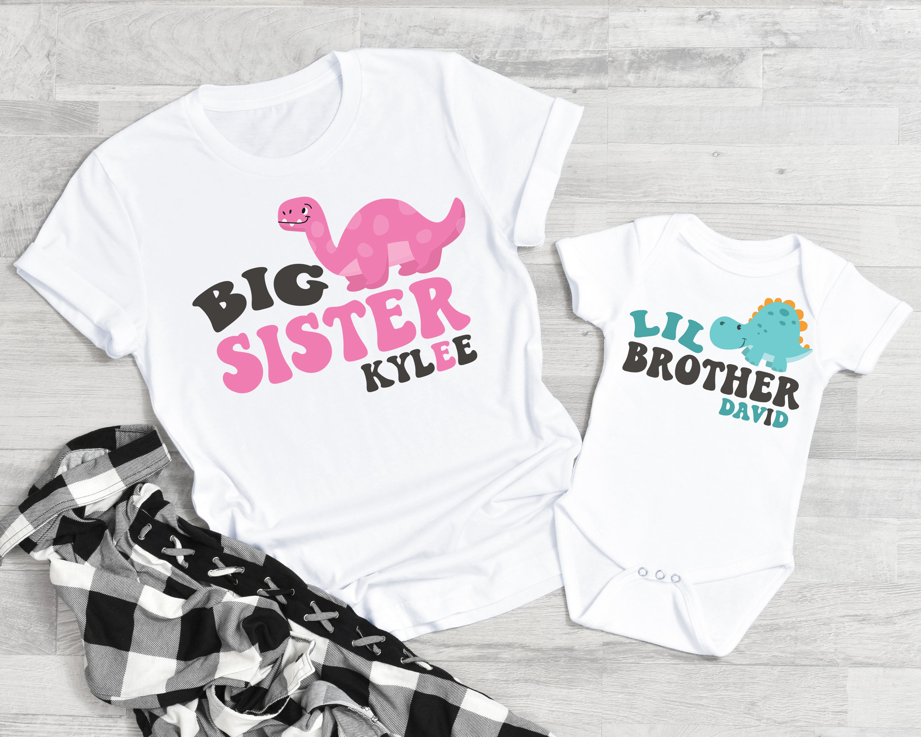 Big Sister Little brother Shirts , with names, dinosaur tshirt set, baby shower gift