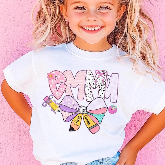 Personalized First Grade T-Shirt: Back to School Outfit, Coquette Bow