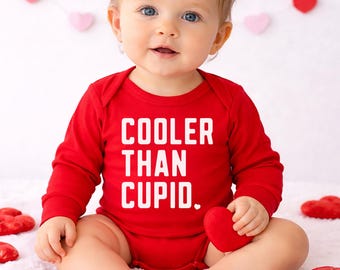 Valentine Outfit Baby Boy • Funny Valentines Baby Bodysuit • Red Long Sleeve Baby Shirt • Valentine’s Day Baby Gift • Cooler Than Cupid