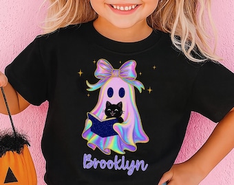 Halloween Shirt For Girls - With Name – Coquette Preppy Halloween Tee for Girls – Personalized Toddler Ghost Shirt – Cute Spooky Kids Outfit