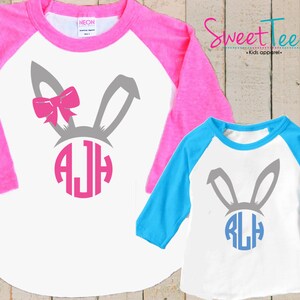 Easter Shirt Set Easter Bunny Ears Monogram Shirt SET Personalized Blue pink Raglan 3/4th Sleeve Boy Girl Big Sister Shirt Baby Youth