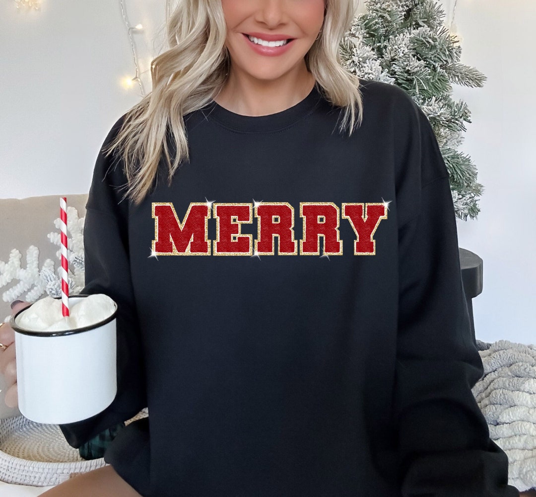 Christmas Sweatshirt Merry Crewneck Chenille Patch Sweatshirt Women's