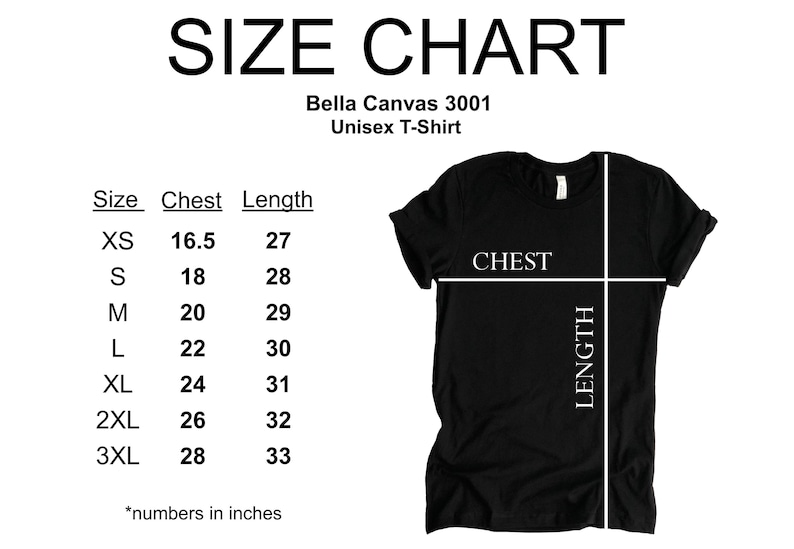 K&ouml;nnte beinhalten: Schwarzes Bella Canvas 3001 Unisex-T-Shirt mit Gr&ouml;&szlig;entabelle. Die Tabelle listet Brust- und L&auml;ngenma&szlig;e in Zoll f&uuml;r die Gr&ouml;&szlig;en XS bis 3XL auf. Der Text "SIZE CHART" steht oben.