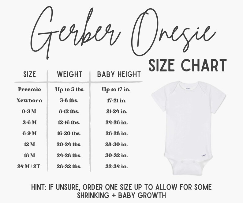 May include: White Gerber Onesie with a size chart. The chart lists sizes from Preemie to 24M/2T, with corresponding weights in pounds and baby heights in inches. The text "Gerber Onesie" is at the top.