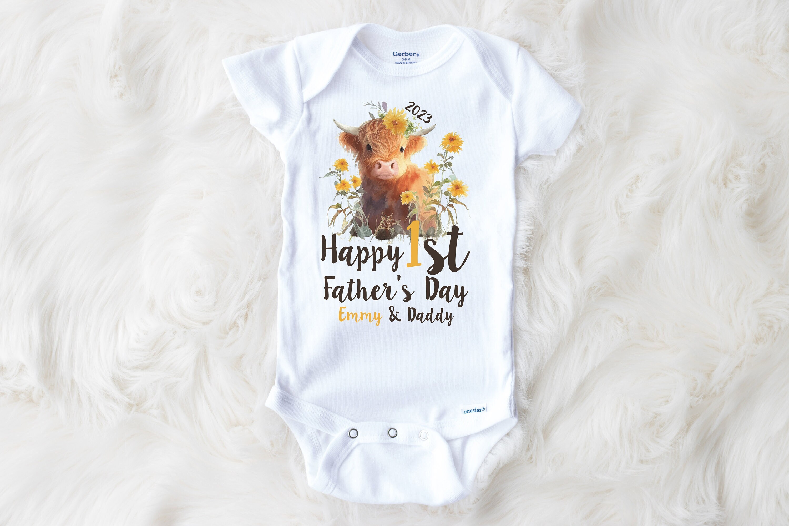 First Father's Day gift, from baby, Highland Cow Onesie®, personalized with name and year, my 1st Father's day outfit