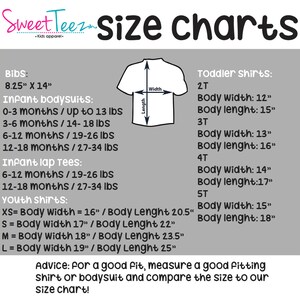 May include: Size chart for baby and toddler clothing. The chart shows measurements for bibs, infant bodysuits, infant lap tees, youth shirts, and toddler shirts. The chart includes measurements for body width and length in inches.
