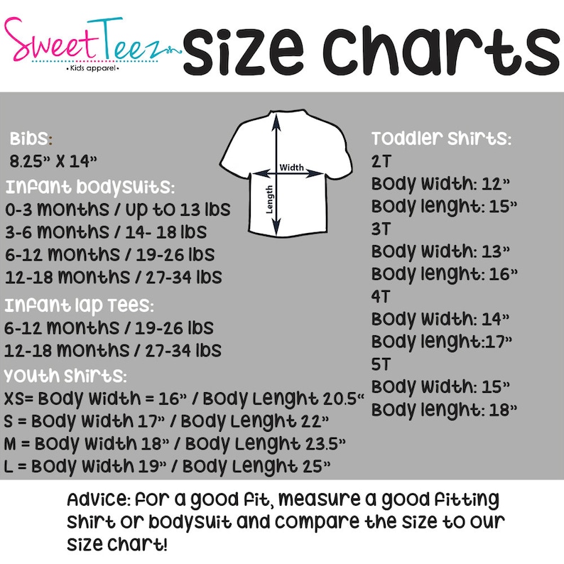 May include: Size chart for baby and toddler clothing. The chart shows measurements for bibs, infant bodysuits, infant lap tees, youth shirts, and toddler shirts. The chart includes measurements for body width and length in inches.