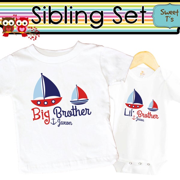 Big Brother Nautical Shirt SET Little Brother Boat Boy Sailboat Sibling Personalized Big Sister Big Brother Shirts bodysuit SET