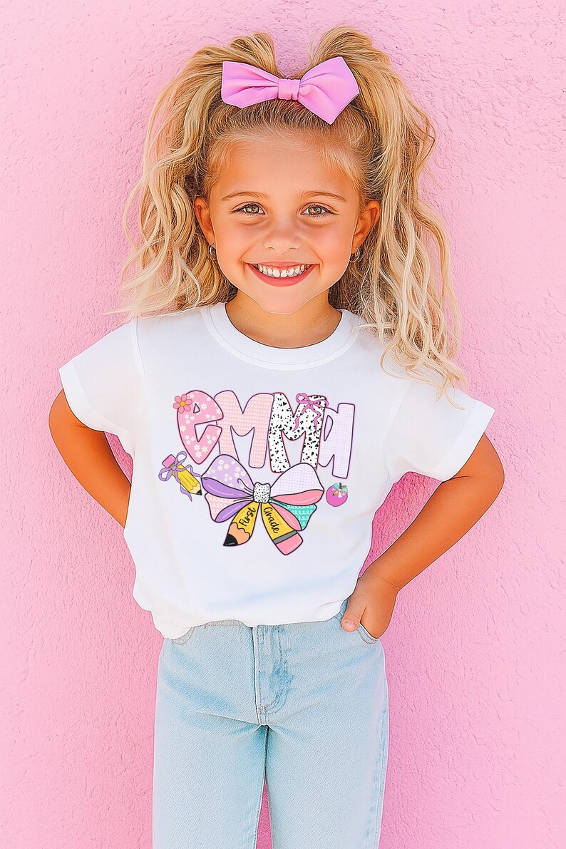 May include: A young girl wearing a white t-shirt with the name "Emma" in a colorful, playful design. The shirt features a bow, pencil, and apple graphic. She has blonde hair and a pink bow in her hair.