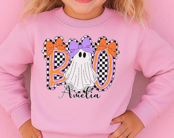 Halloween Shirt for Girls – Personalized Pink Ghost BOO Sweatshirt with Name, Cute Toddler & Kids Fall Outfit
