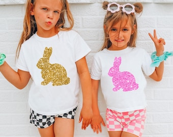 Trendy Easter Bunny Glitter Shirt | Easter Gift | Cute Easter Outfit | Pink Glitter Girls t shirts |  Glitter Sweatshirts | Matching shirts