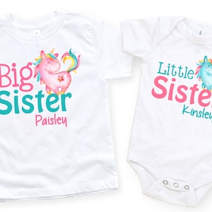 Big Sister Little Sister Shirt Set - Personalized Unicorn Shirts  with names - Baby shower Gift