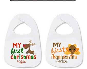 My First Christmas Bib My First Thanksgiving Bib SET Personalized with Name Reindeer Turkey Baby