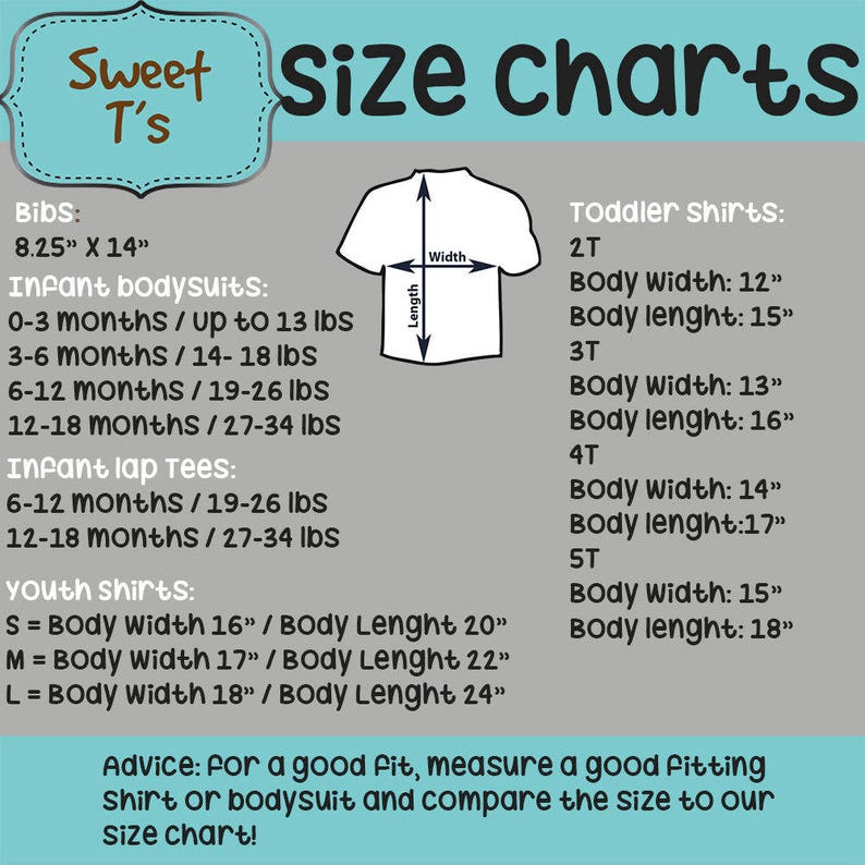Pode incluir: Tabela de tamanhos para roupas Sweet T's, incluindo babadores, bodies para beb&ecirc;s, camisetas e camisas infantis. As medidas s&atilde;o fornecidas em polegadas para largura e comprimento do corpo, e peso em libras para tamanhos de beb&ecirc;s. Inclui conselhos para um bom ajuste.