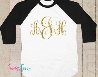 Gold Glitter Monogram Shirt Girl Hip Black Raglan Shirt black Raglan 3/4th Sleeve Shirt Toddler Youth Shirt