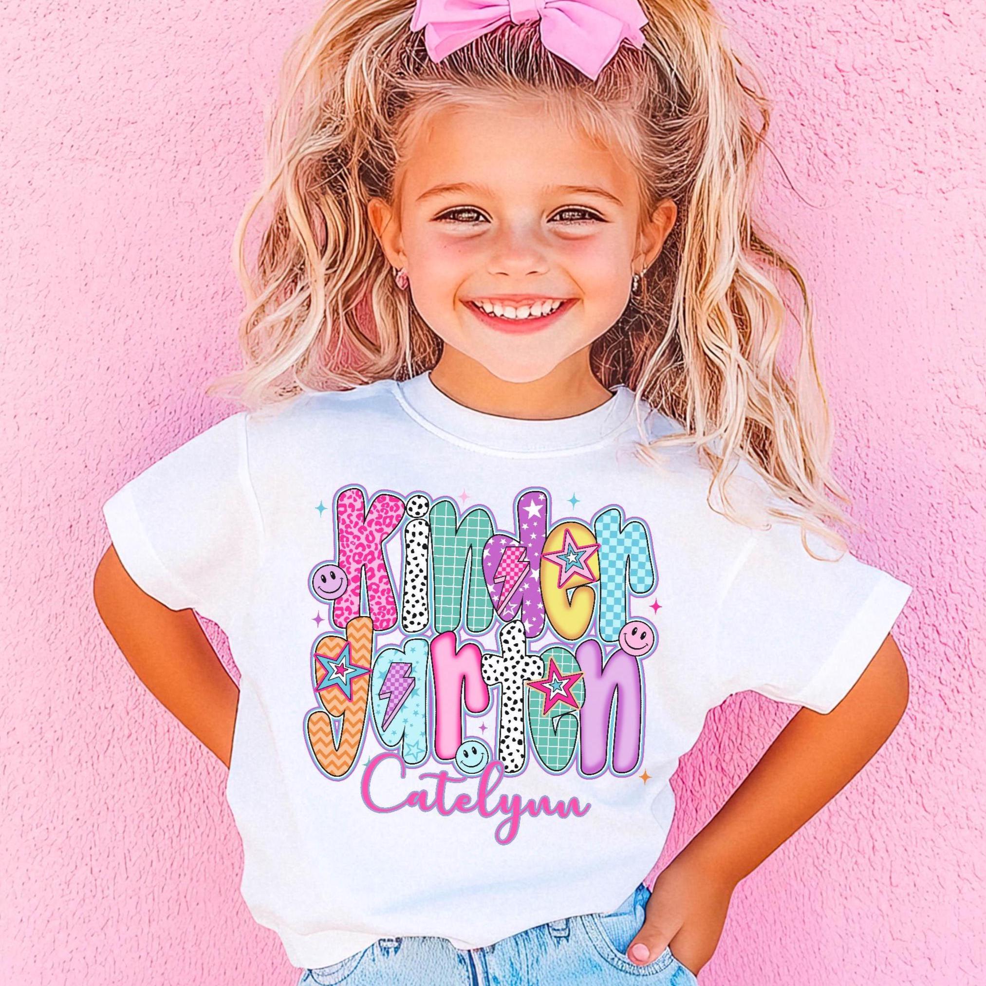 Kindergarten Shirt – Custom Girls Back to School tshirt – Personalized First Day of School Outfit – Retro Pink T-Shirt