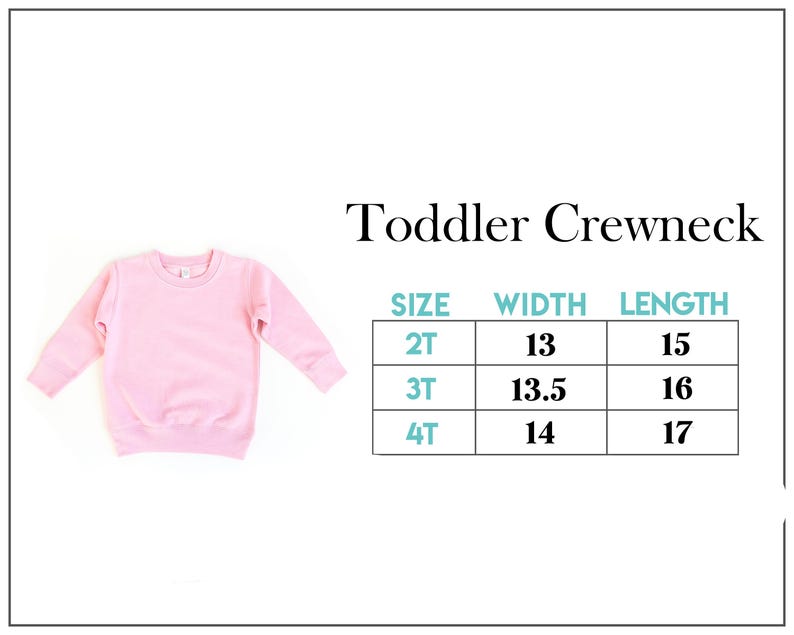 K&ouml;nnte beinhalten: Hellrosa Kleinkind-Crewneck-Sweatshirt. Das Bild enth&auml;lt eine Gr&ouml;&szlig;entabelle mit Ma&szlig;en in cm: Breite 33-35,5 cm, L&auml;nge 38-43 cm. Der Text "Toddler Crewneck" befindet sich &uuml;ber der Gr&ouml;&szlig;entabelle.