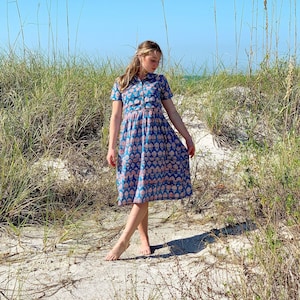 Adorable Blue And Red, Pomegranate Print Pleated Summer Dress, Hand Block Print Lightweight Cotton Dress