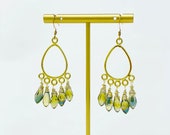 Forest Green Austrian Teardrop Dangle Chandelier Earrings, Briolette Faceted, Wire Wrapped, Vermeil 24K gold plated