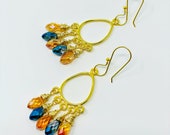 Ocean Blue And Tangerine Austrian Teardrop Dangle Chandelier Earrings, Briolette Faceted, Wire Wrapped, Vermeil 24K gold plated