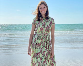 Bohemian Floral Print Dress / Wood Block Printed / Cotton Summer Dress / Hand Block Print Dress / Green Flower Print Dress