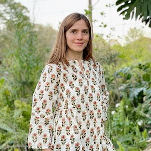 Hand Block Print Floral Tunic Bohemian Blouse, Indian Print Peasant Top, Baby Doll Blouse