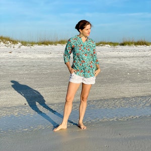 Turquoise Blue Indian Print Tunic Shirt, Block Print Floral Blouse, Pure Cotton 3/4 Sleeve Blouse