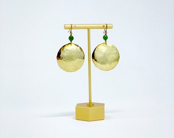 Large Disc Hammered Brass Gold Tone Earrings With Jade Bead