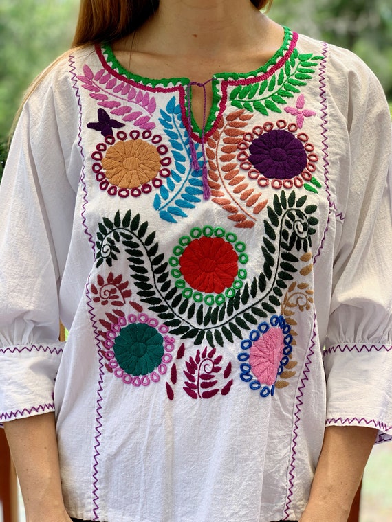 Stunning Blue embroidery Spanish Colonial style Handmade Mexican Cotton Blouse