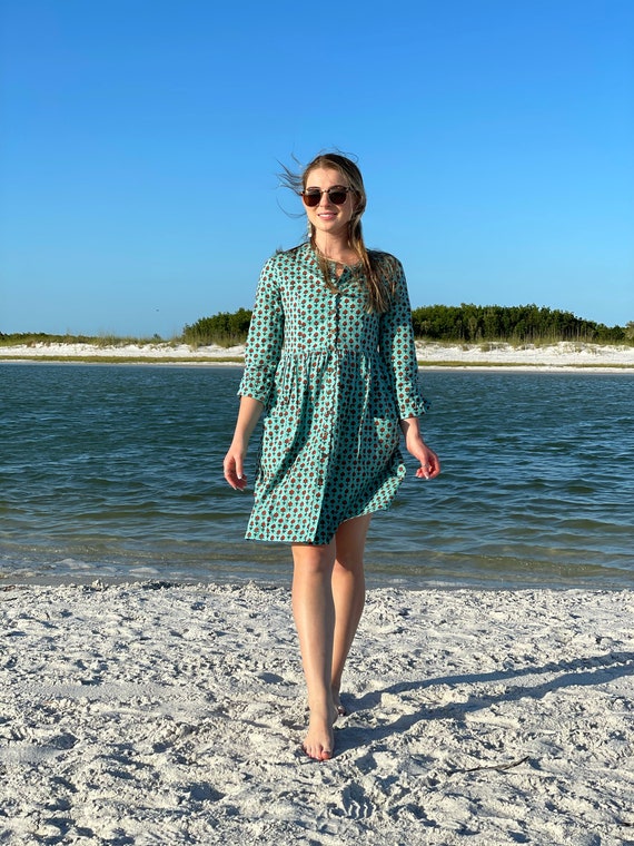 Adorable Aqua and Fruit Blossom Block Print Cotton Pocket Dress
