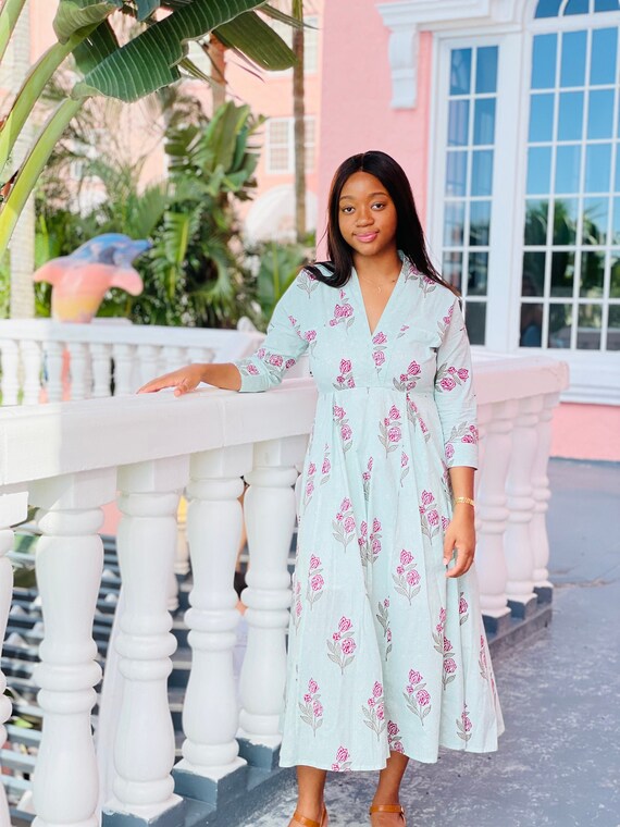 Elegant Blue and Pink Floral Hand Block Print Dress / Boho Maxi Dress -  Etsy Canada