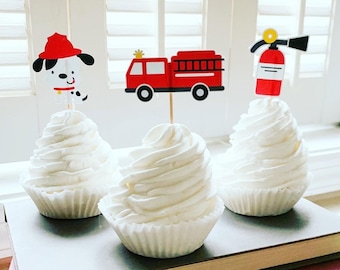 Firetruck cupcake toppers * Firetruck party * Firetruck birthday party decorations * Firefighter birthday * Firefighter baby shower* fireman