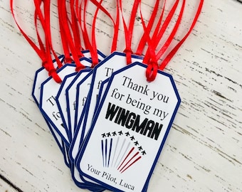 top gun personalized birthday party favor tags, wingman, top one first birthday theme, maveric, goose, air force fighter jet pilot, custom