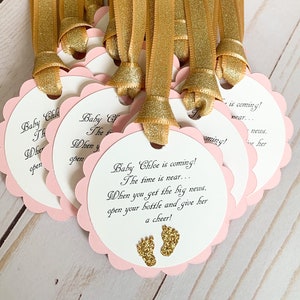 pink and gold glitter baby shower favor tags, barefoot wine party favor tags, baby shower favors, mini champagne baby shower favors image 1