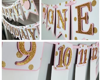 pink and gold birthday decorations*pink and gold first birthday*pink and gold happy birthday banner*pink and gold high chair banner