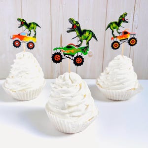 monster truck and t-rex cupcake toppers featuring dragon, megalodon, el toro loco, tornado and grave digger