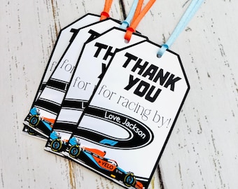 McLaren Formula One racing birthday decor, McLaren personalized favor tags, fast one, two fast, Formula 1 racing party bags, race car