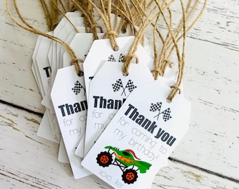 monster truck personalized thank you favor tags, monster jam birthday decorations, monster truck decor, grave digger el toro loco megalodon