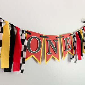 racing high chair first birthday banner