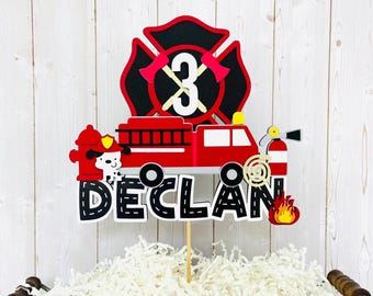 personalized firetruck cake topper, firefighter birthday party decor, fire hydrant, flames, fire and rescue, sound the alarm, two the rescue